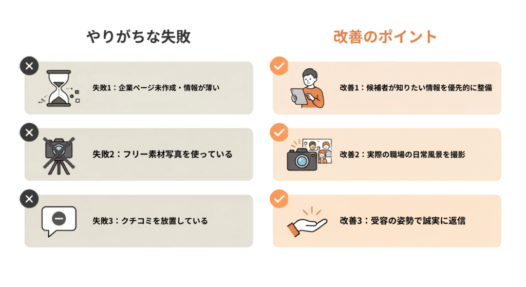 Indeed企業ページでやりがちな3つの失敗パターンと改善策の対比図